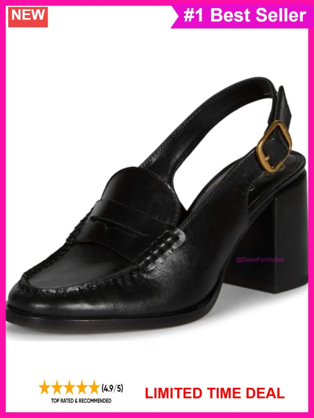 Leather Slingback Block Heel Almond Toe Loafers Buckle
